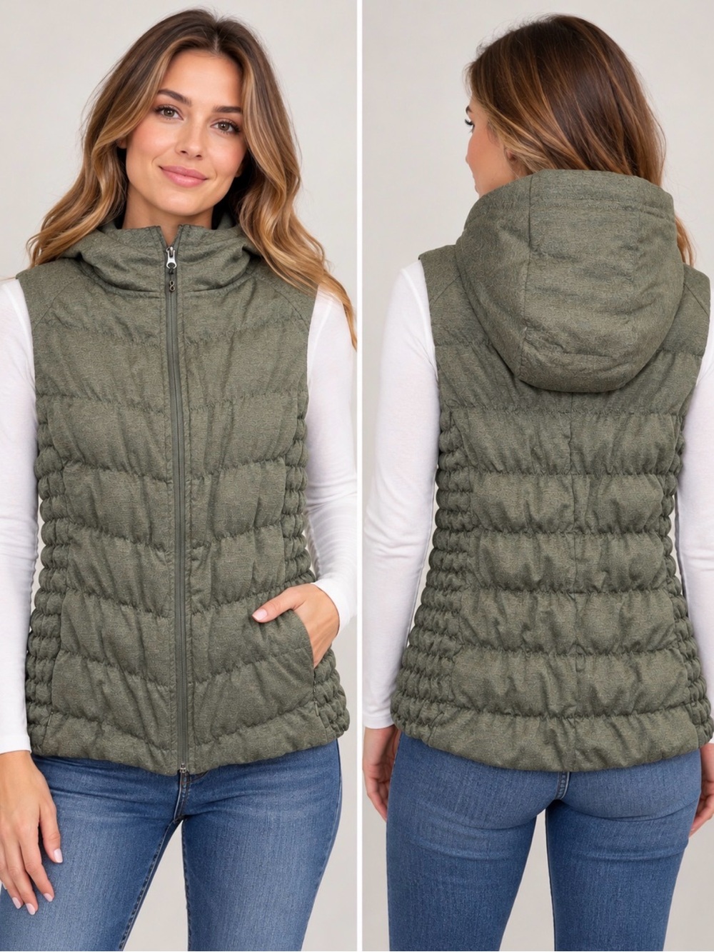 BE BY BLANC NOIR Hooded Quilted Vest in Green Size Medium